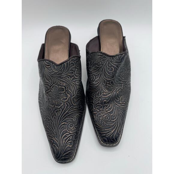 Western Style Tooled Faux Leather Mules Pointed Toe Slide-On Heels‎ Size 8 - Picture 1 of 7